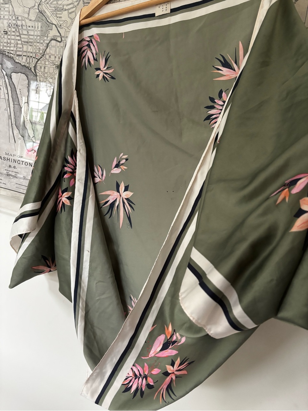 Olive Green Floral Satin Throw with Pink Accent
